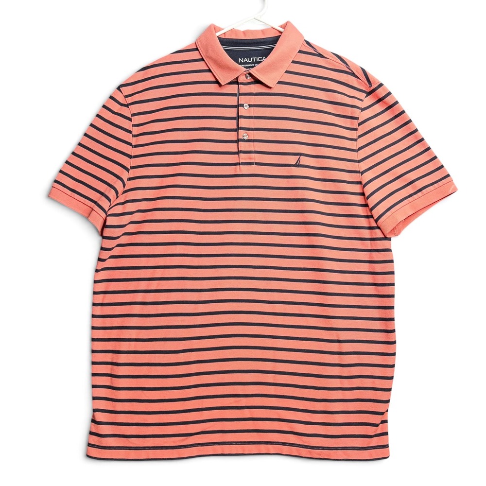 Nautica Mens XXL Performance Deck Shirt Classic Fit Striped Coral Pink Navy Blue